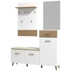 Mobile da Ingresso Bianco Opaco Marrone Rovere Nodi Specchio Incluso un Cassetto 141x35x189.5h cm, 6 Ripiani - Longa