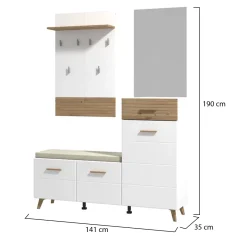 Mobile da Ingresso Bianco Opaco Marrone Rovere Nodi Specchio Incluso un Cassetto 141x35x189.5h cm, 6 Ripiani - Longa