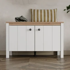 Mobile da Ingresso Bianco Opaco Marrone Rovere un Ripiano 2 Ante 86x40x54h cm, Anta Effetto Rigato - Tekapo