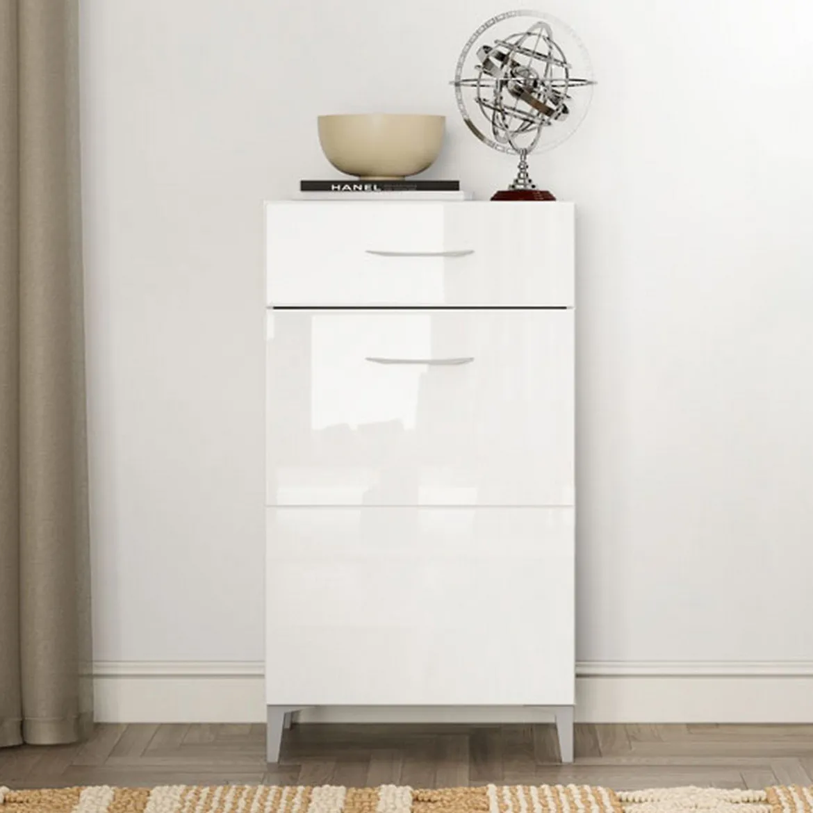 Mobile da Ingresso Bianco 2 Ripiani un Cassetto 58x35x104.5h cm, Un'anta - Ossona
