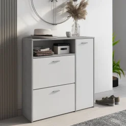 Mobile da Ingresso Grigio Cemento Bianco 04-mag Paia 3 Ripiani 91.5x26.6x94h cm, 3 Ante - Scultore