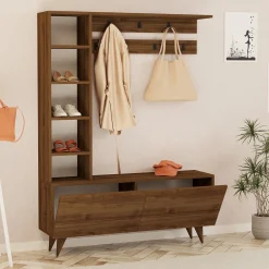 Mobile da Ingresso Marrone Noce Appendiabiti 6 Ripiani 120x32x162h cm, Apertura a Ribalta - Gordona