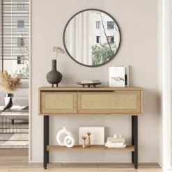 Mobile da Ingresso Marrone Rovere Beige Effetto paglia di Vienna 100x30x76h cm, 2 Ripiani - Recale