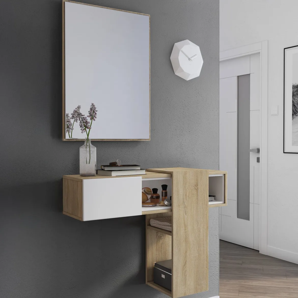 Mobile da Ingresso Marrone Rovere Chiaro Nero un Cassetto 2 Ripiani 51.5x35x98h cm, Un'anta - Trevi