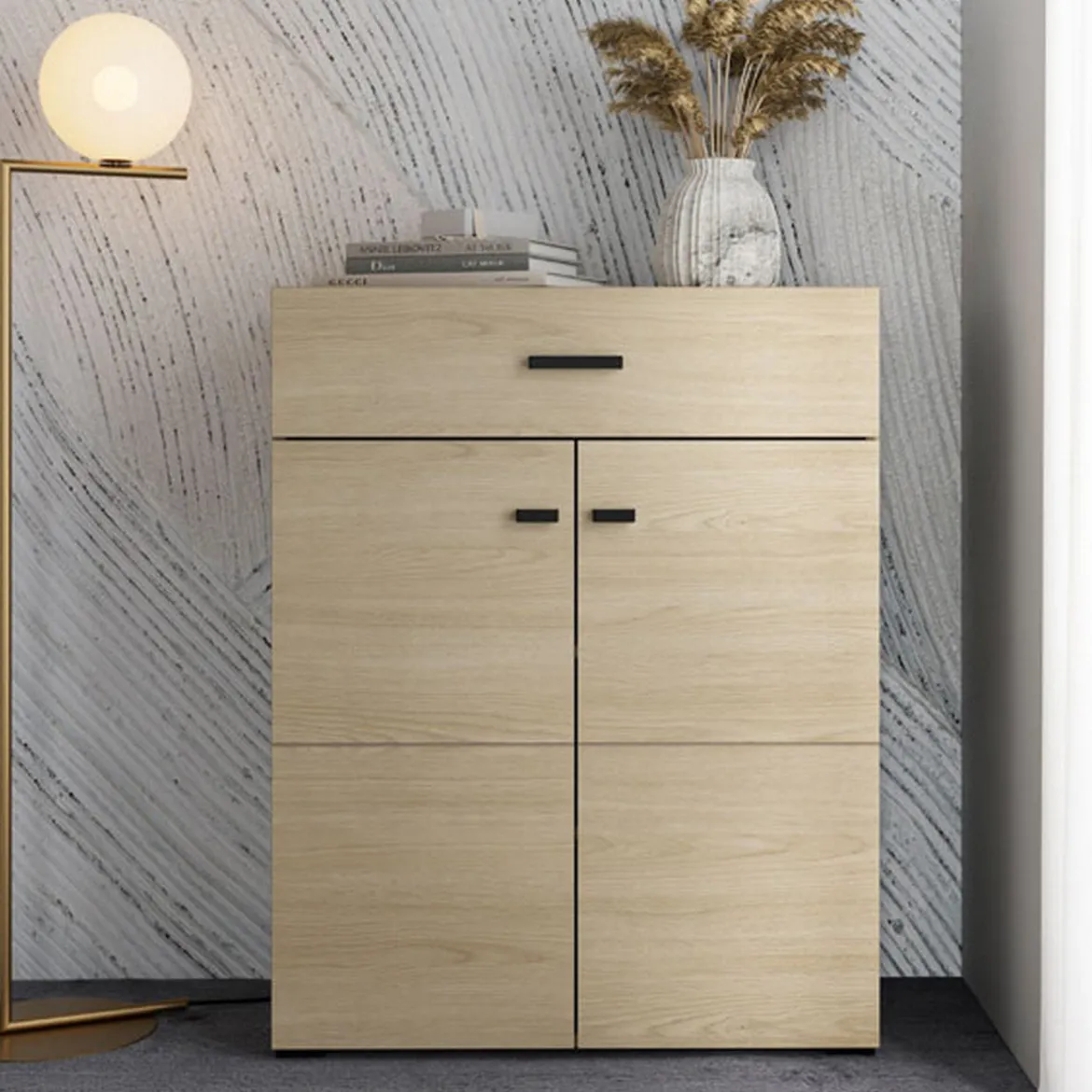 Mobile da Ingresso Marrone Rovere Grigio Specchio Incluso 4 Ripiani 100x29x191.5h cm, Appendiabiti - Tonengo