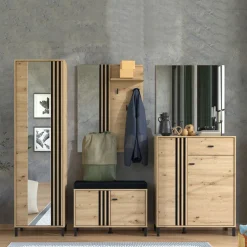 Mobile da Ingresso Marrone Rovere Nodi Nero Specchio Incluso 2 Ripiani 193x55x40h cm, Appendiabiti - Apia