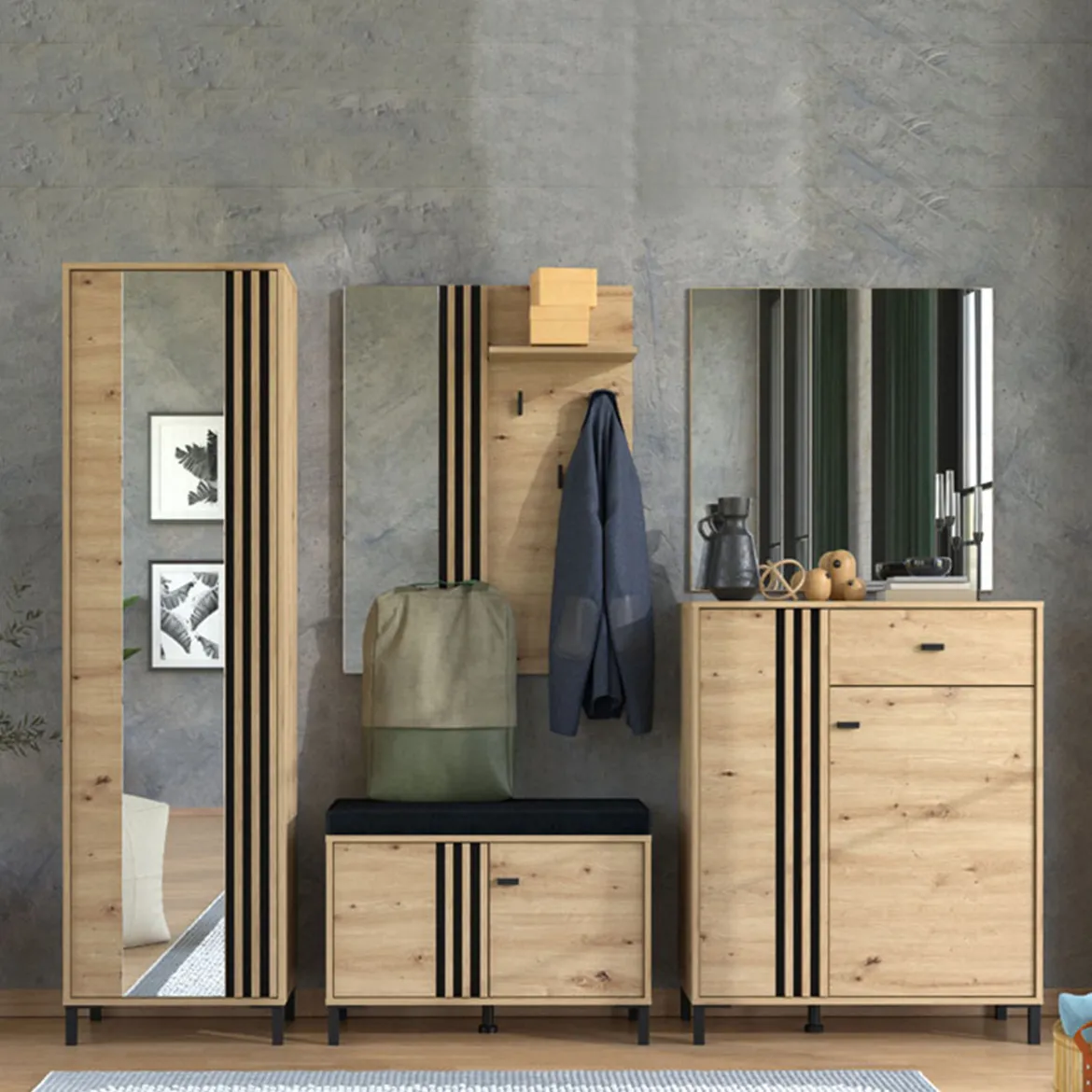 Mobile da Ingresso Marrone Rovere Nodi Nero Specchio Incluso 7 Ripiani 134.5x34.5x192.5h cm, Appendiabiti - Pandino