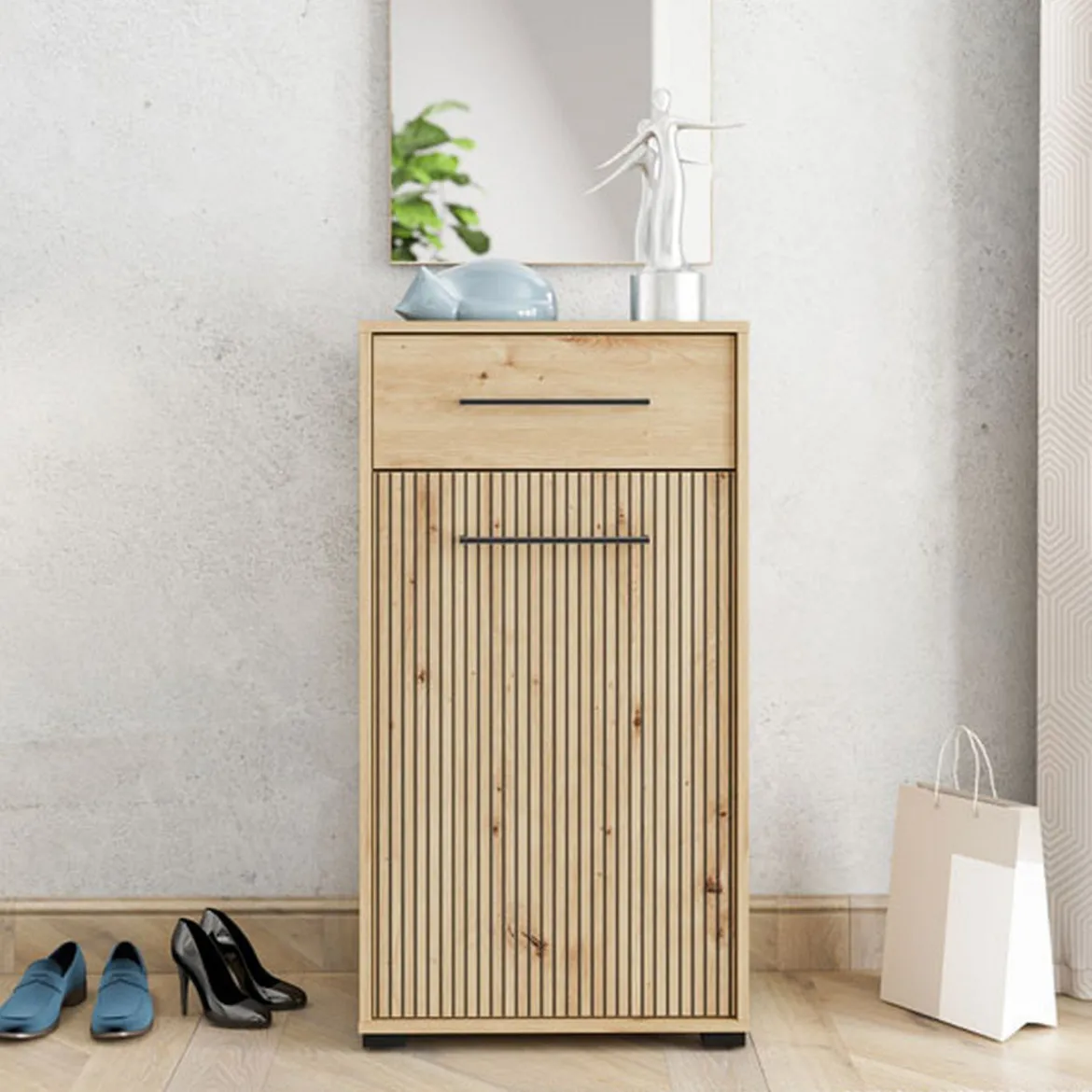 Mobile da Ingresso Marrone Rovere Nodi Nero un Cassetto 2 Ripiani 54.5x40x109.5h cm, Un'anta - Pollenza