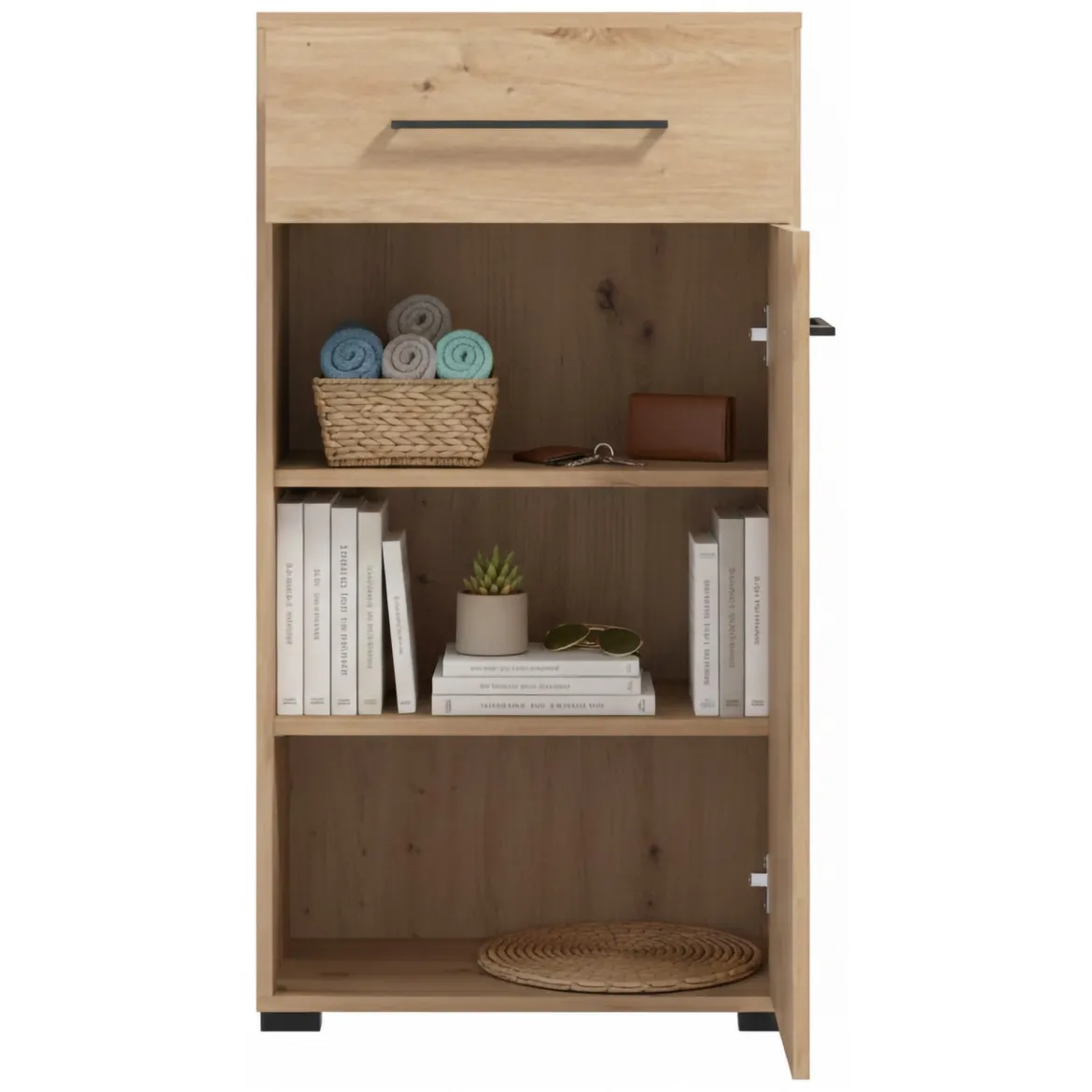 Mobile da Ingresso Marrone Rovere Nodi Nero un Cassetto 2 Ripiani 54.5x40x109.5h cm, Un'anta - Pollenza