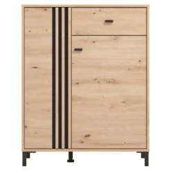 Mobile da Ingresso Marrone Rovere Nodi Nero un Cassetto 4 Ripiani 87x40x110h cm, 2 Ante - Hanga
