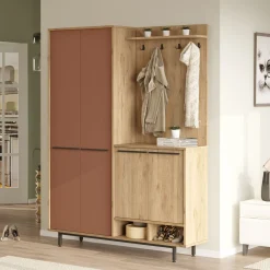 Mobile da Ingresso Marrone Terracotta Marrone Rovere Appendiabiti 12 Ripiani 147x36x196h cm, Apertura Battente - Tignale