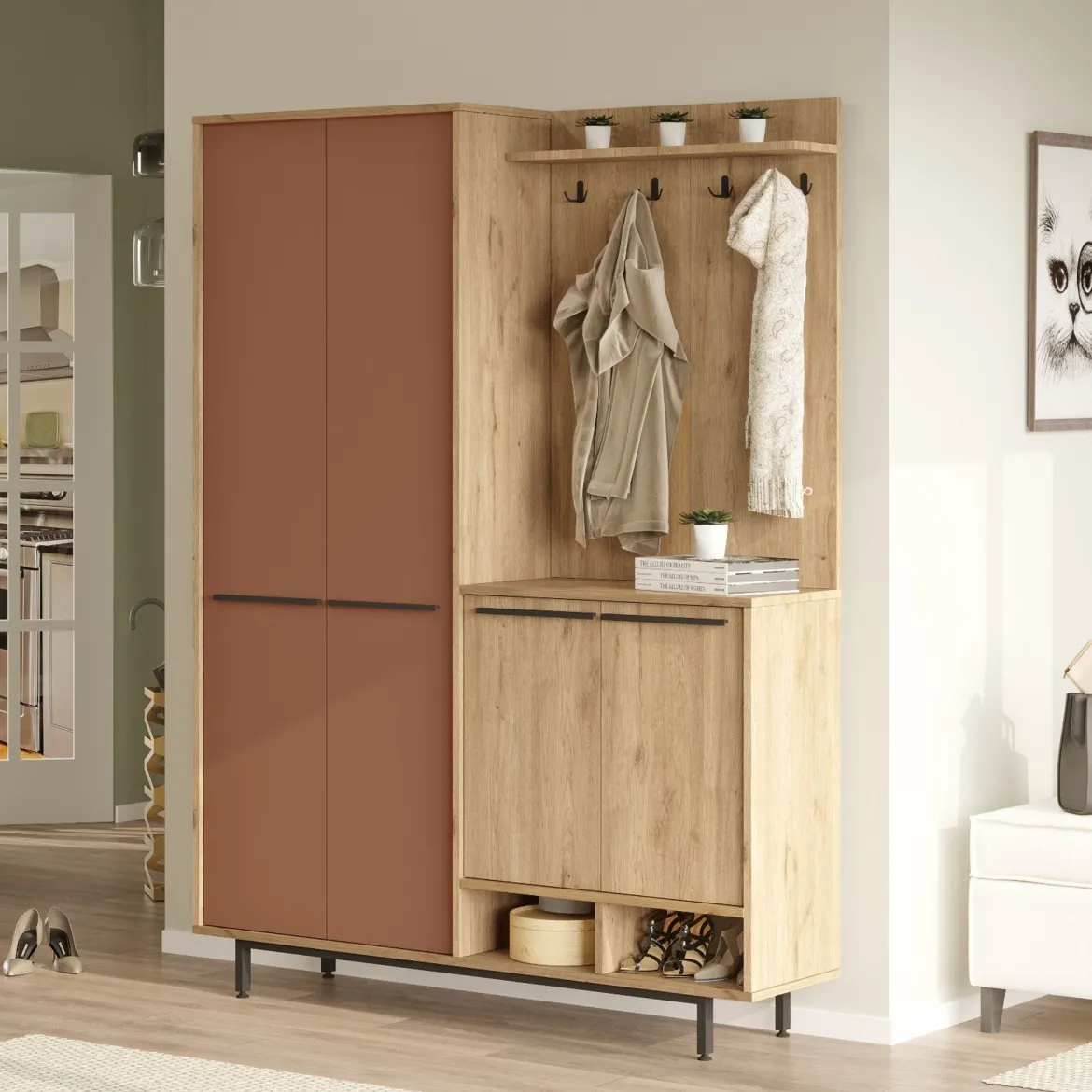 Mobile da Ingresso Marrone Terracotta Marrone Rovere Appendiabiti 12 Ripiani 147x36x196h cm, Apertura Battente - Tignale