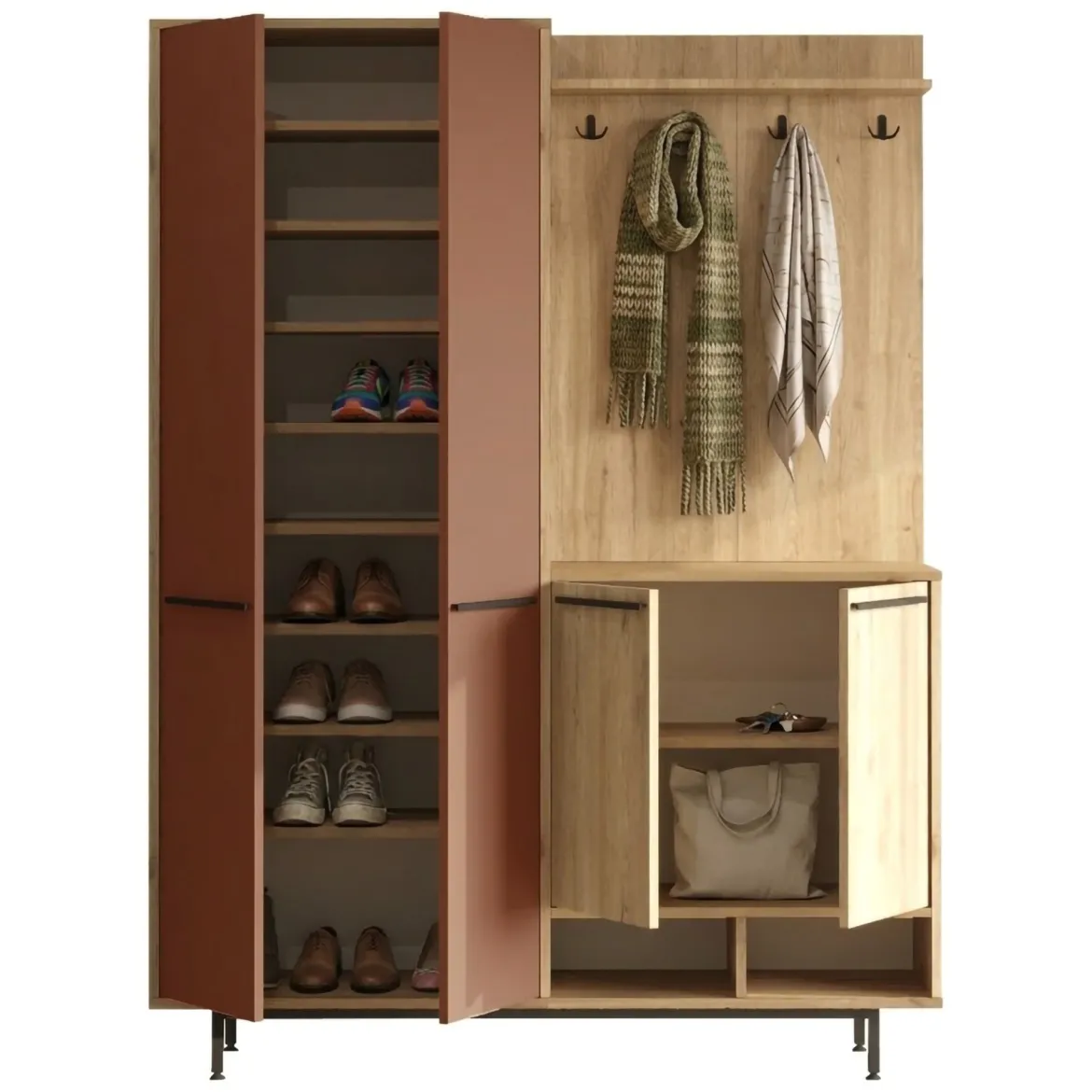 Mobile da Ingresso Marrone Terracotta Marrone Rovere Appendiabiti 12 Ripiani 147x36x196h cm, Apertura Battente - Tignale