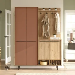 Mobile da Ingresso Marrone Terracotta Marrone Rovere Appendiabiti 12 Ripiani 147x36x196h cm, Apertura Battente - Tignale