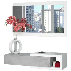 Mobile da ingresso moderno sospeso con cassetto bianco e cemento 95x19h cm - Arty