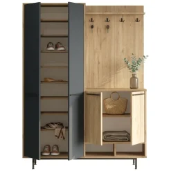 Mobile da Ingresso Nero Antracite Marrone Rovere 12 Ripiani Appendiabiti 147x36x196h cm, 4 Ante - Tignale