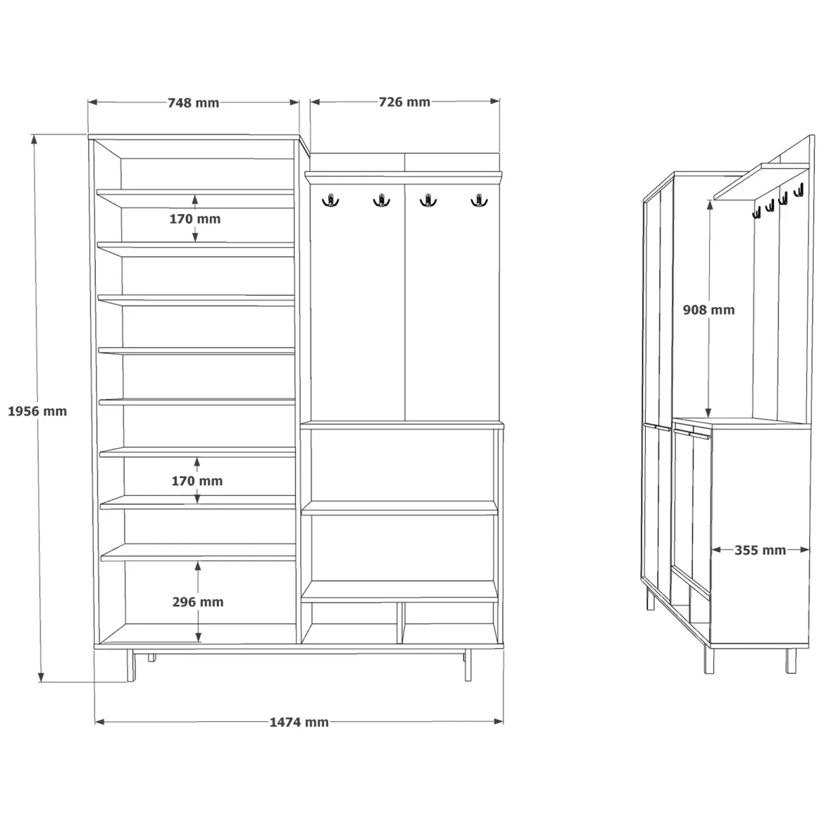 Mobile da Ingresso Nero Antracite Marrone Rovere 12 Ripiani Appendiabiti 147x36x196h cm, 4 Ante - Tignale