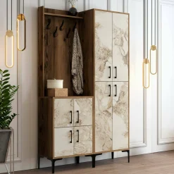Mobile da ingresso rustico noce e bianco marmo 120x200h cm - Eufemia