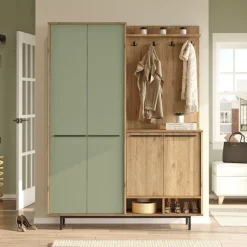 Mobile da Ingresso Verde Salvia Marrone Rovere Appendiabiti 12 Ripiani 147x36x196h cm, Apertura Battente - Tignale