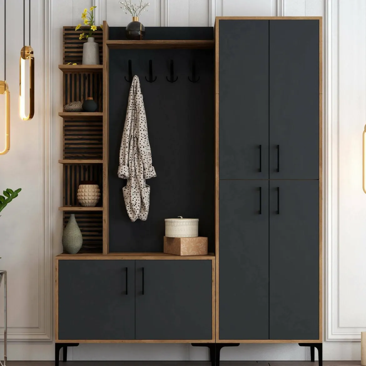 Mobile ingresso classico 4 ante noce e antracite 150x200h cm - Vivian