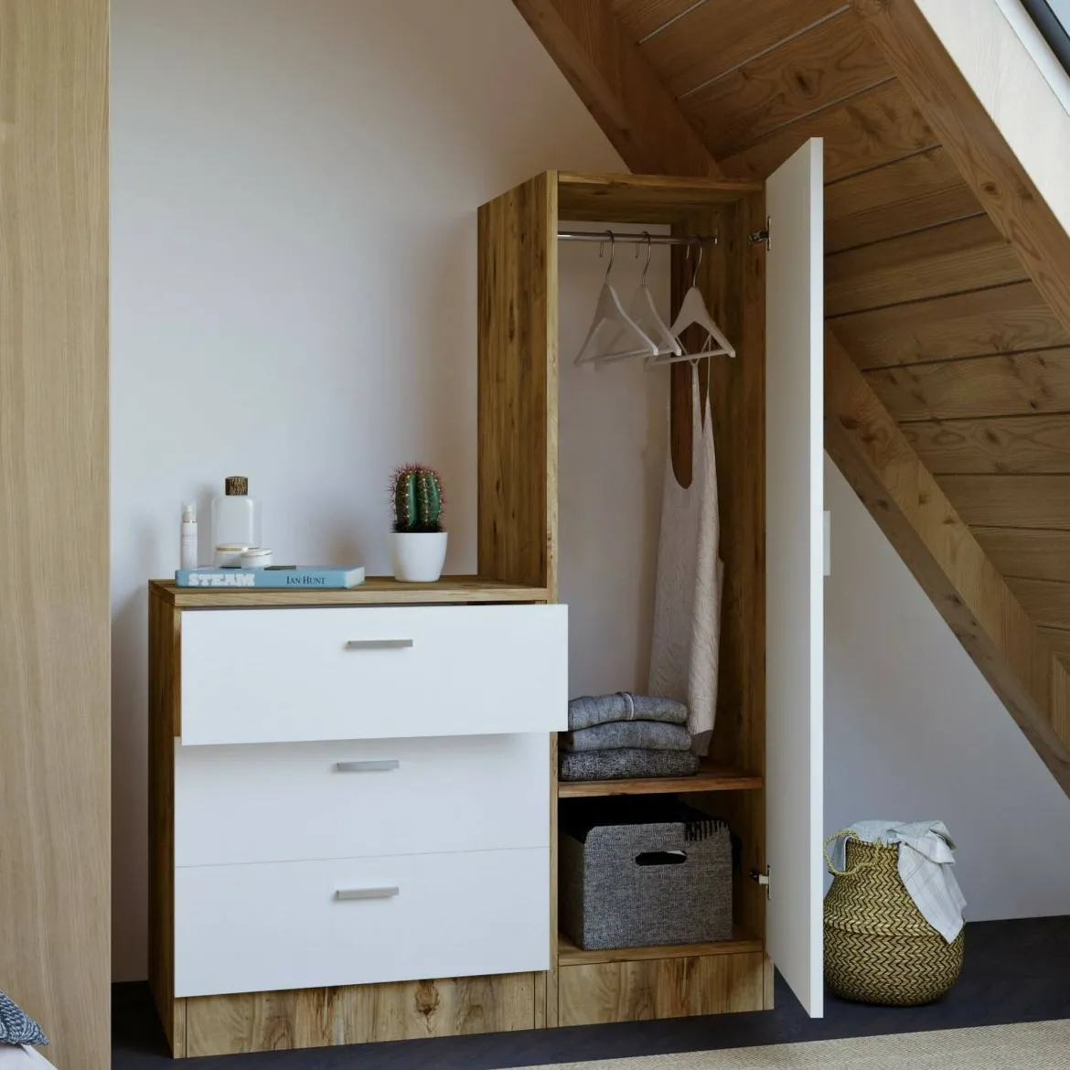 Mobile ingresso con 3 cassetti quercia e bianco 60x72h cm - Jaime