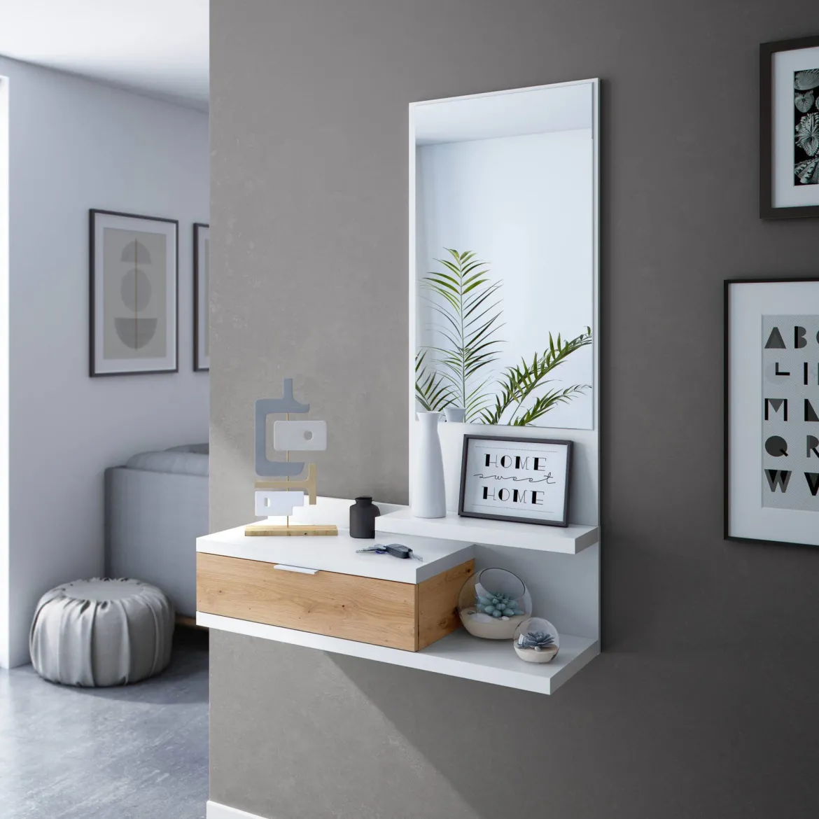 Mobile ingresso sospeso con cassetto cemento e bianco 90x46h cm - Actinolite