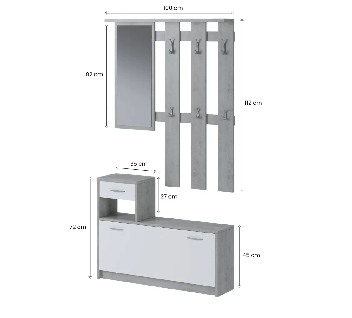 Mobile ingresso sospeso con scarpiera bianco e cemento 100x190h cm - Garolfo