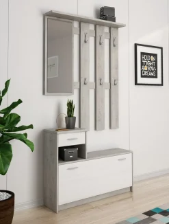 Mobile ingresso sospeso con scarpiera bianco e cemento 100x190h cm - Garolfo
