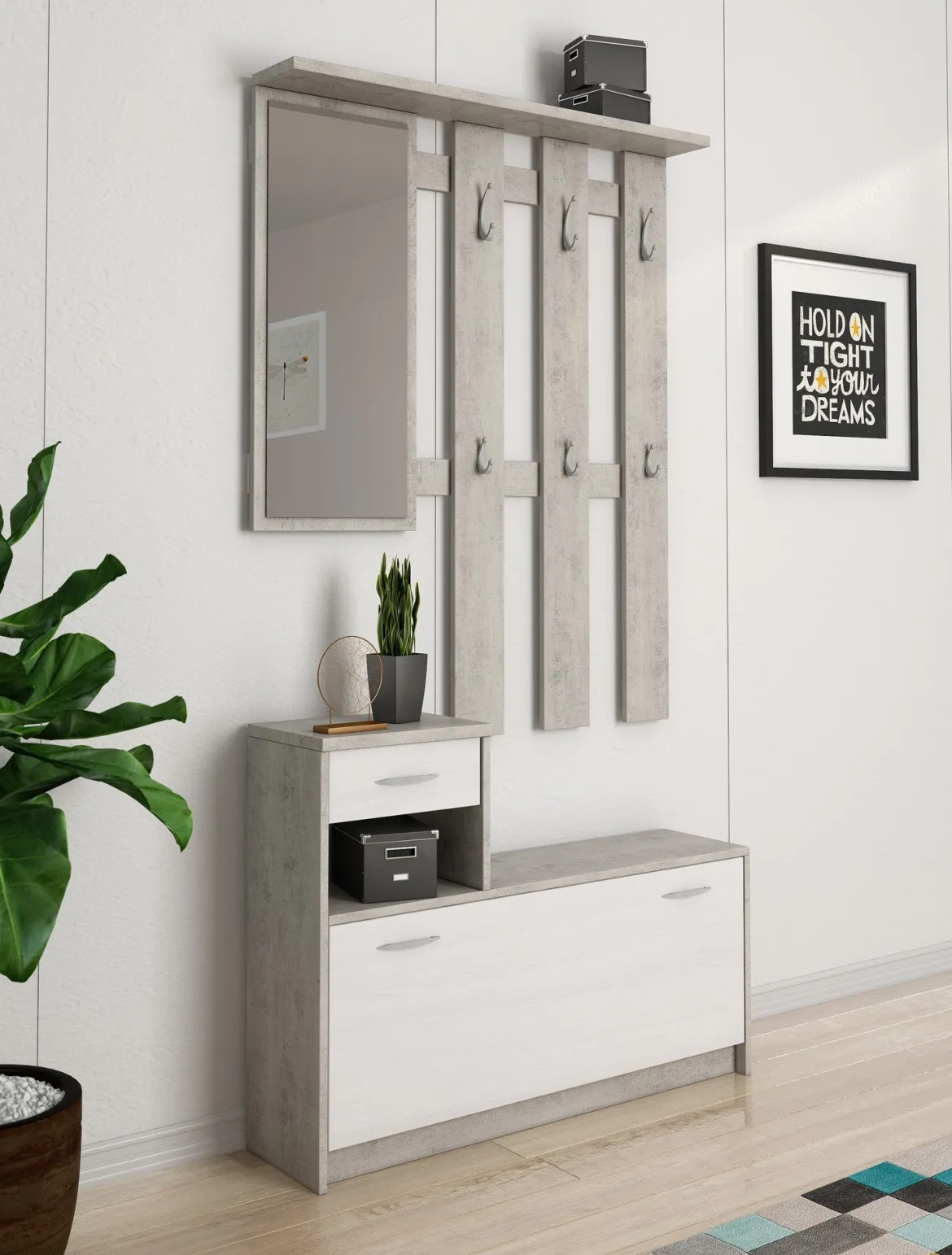 Mobile ingresso sospeso con scarpiera bianco e cemento 100x190h cm - Garolfo