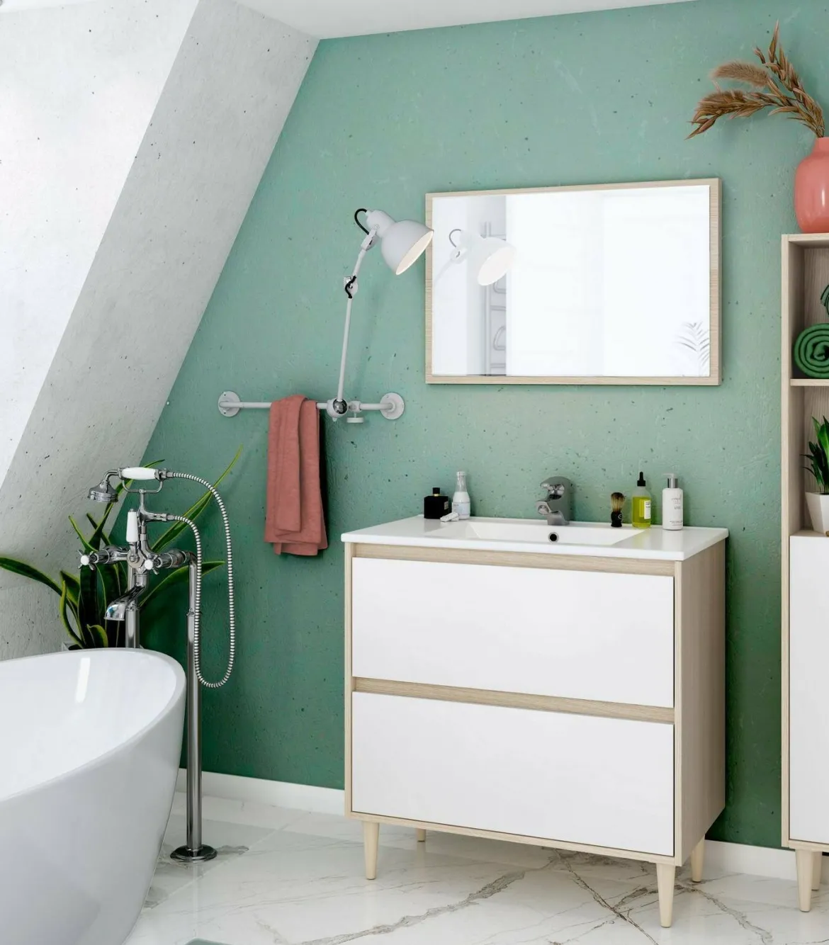 Mobile lavabo con specchio 80x45x80h cm bianco lucido e rovere - Berillo