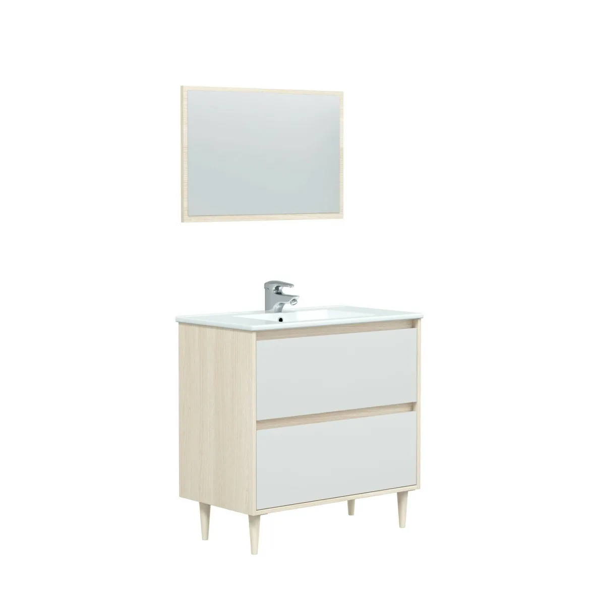 Mobile lavabo con specchio 80x45x80h cm bianco lucido e rovere - Berillo