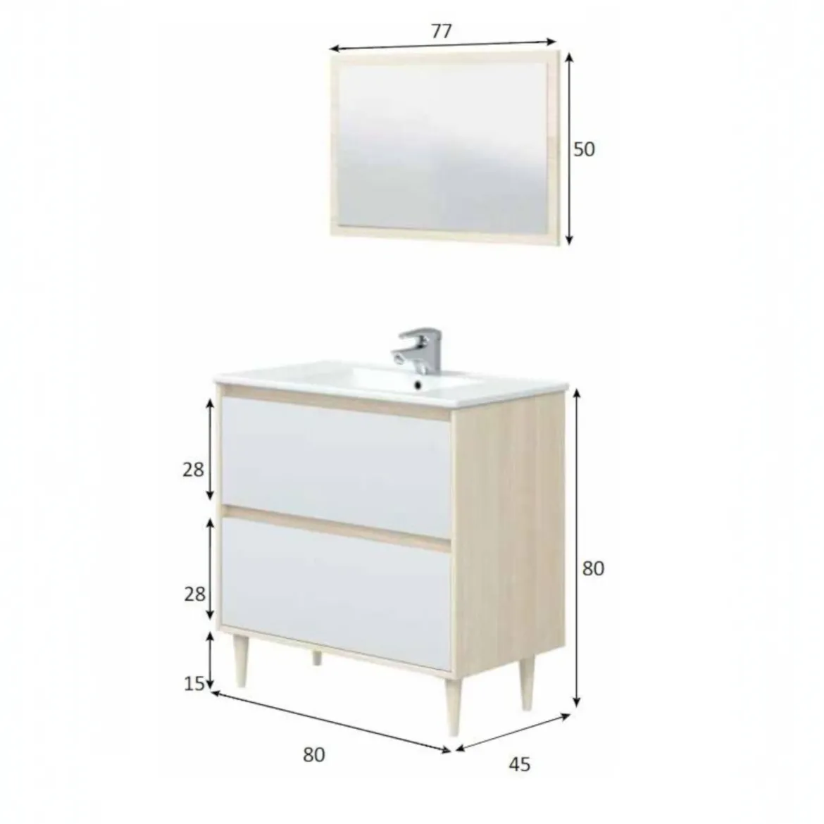 Mobile lavabo con specchio 80x45x80h cm bianco lucido e rovere - Berillo