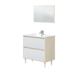 Mobile lavabo con specchio 80x45x80h cm bianco lucido e rovere - Berillo
