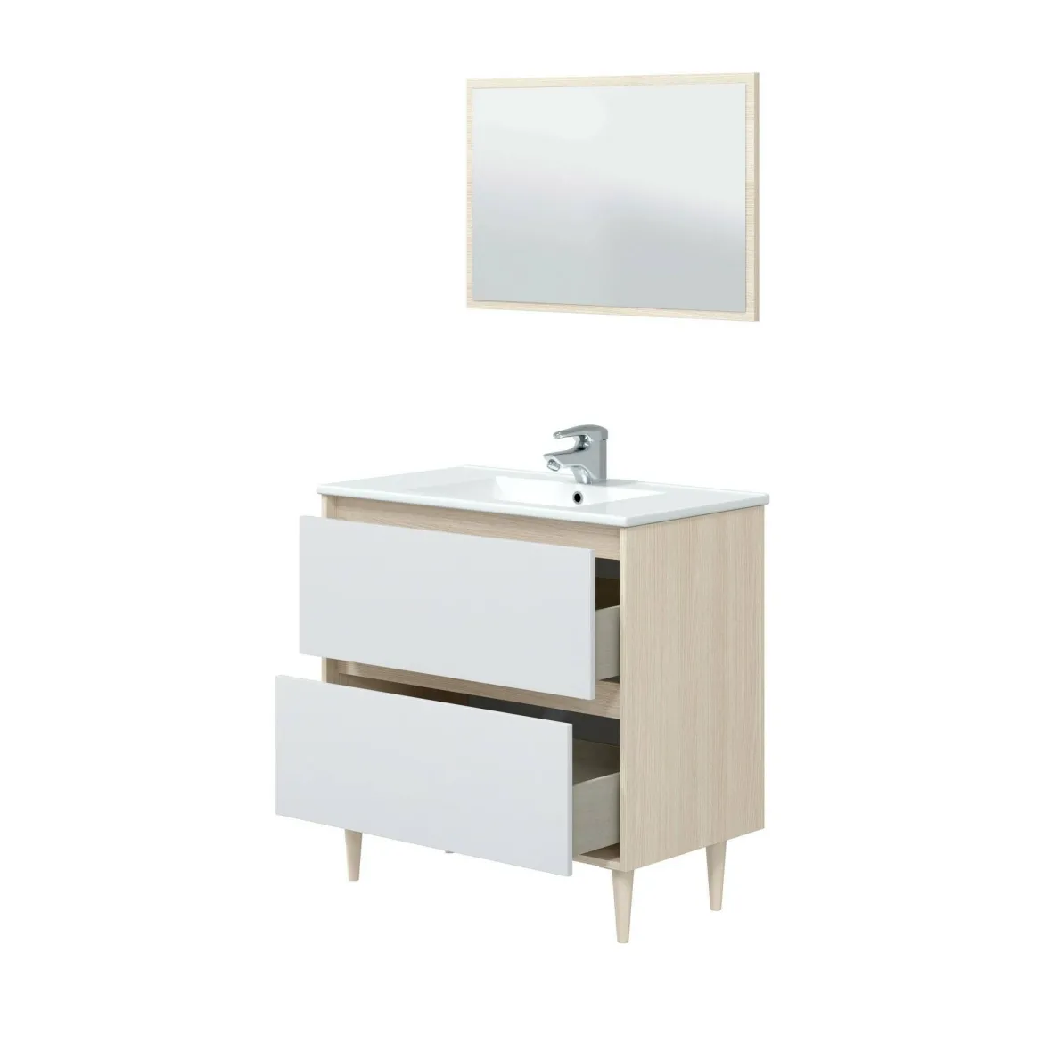 Mobile lavabo con specchio 80x45x80h cm bianco lucido e rovere - Berillo