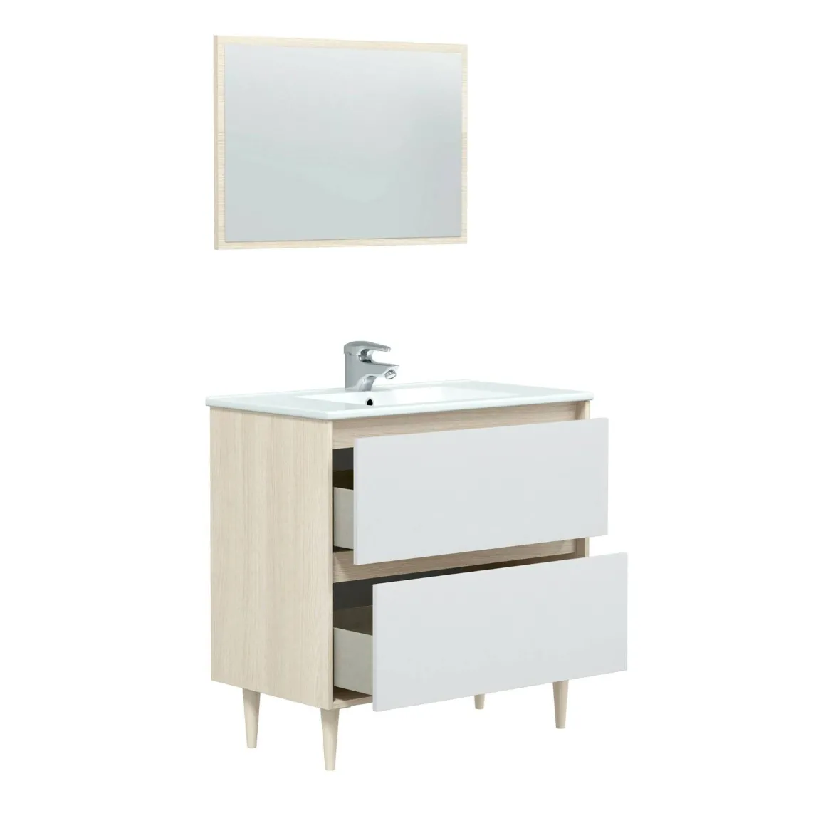 Mobile lavabo con specchio 80x45x80h cm bianco lucido e rovere - Berillo