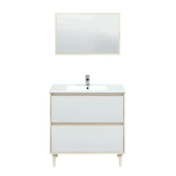 Mobile lavabo con specchio 80x45x80h cm bianco lucido e rovere - Berillo