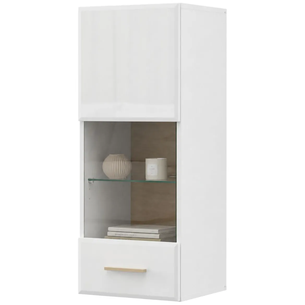 Mobile Pensile Bianco Opaco Marrone Rovere 2 Ripiani Un'anta 39x96h cm, Anta e Ripiano Dettaglio Vetro - Gonnes
