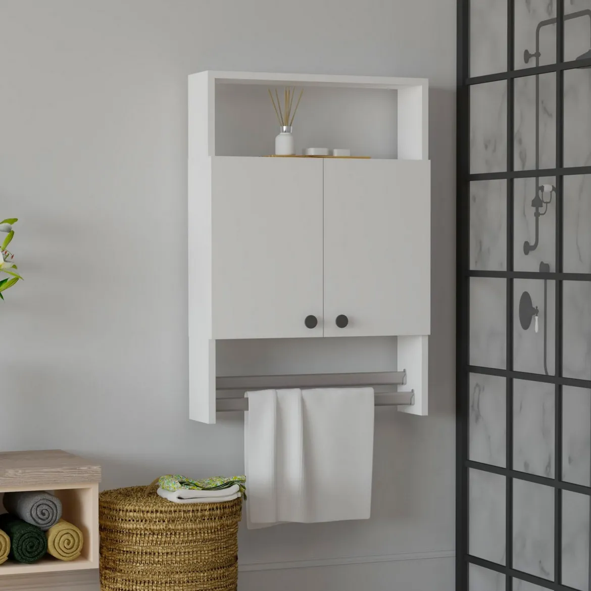 Mobile Pensile Bianco 2 Ripiani Apertura Battente 60x87h cm, 2 Ante - Tanagro