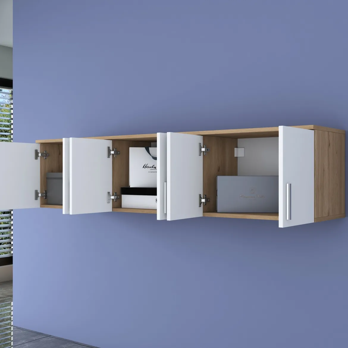 Mobile Pensile Marrone Rovere Bianco 6 Ante 3 Vani 180x41h cm, Apertura Battente - Arazzo