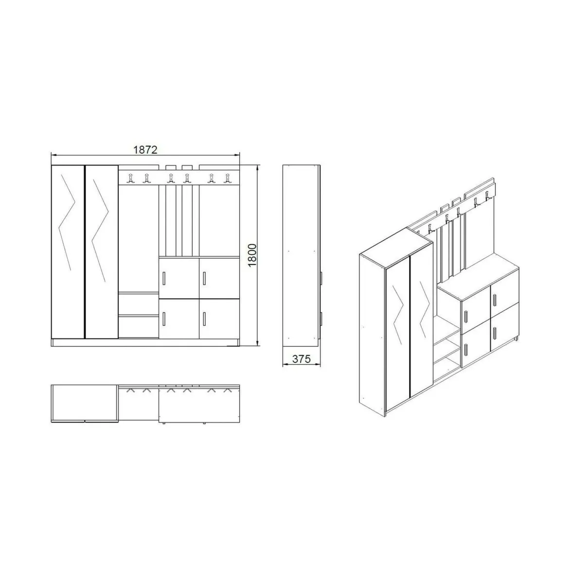 Mobile per ingresso grande 4 ante quercia e antracite 187x180h cm - Artin
