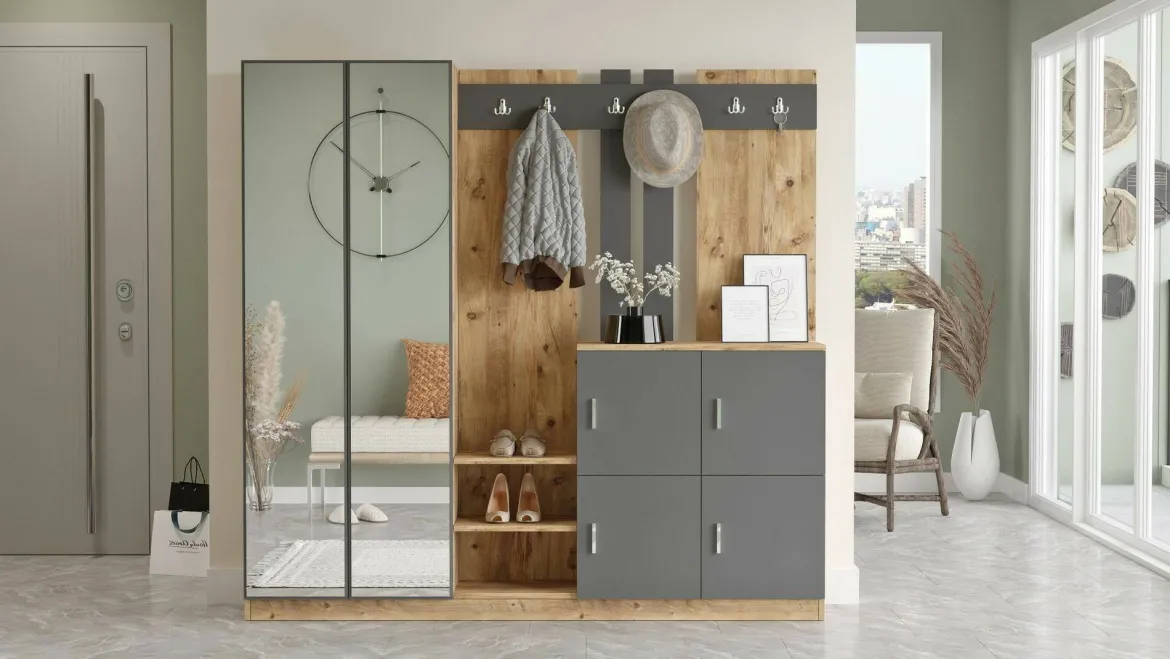 Mobile per ingresso grande 4 ante quercia e antracite 187x180h cm - Artin