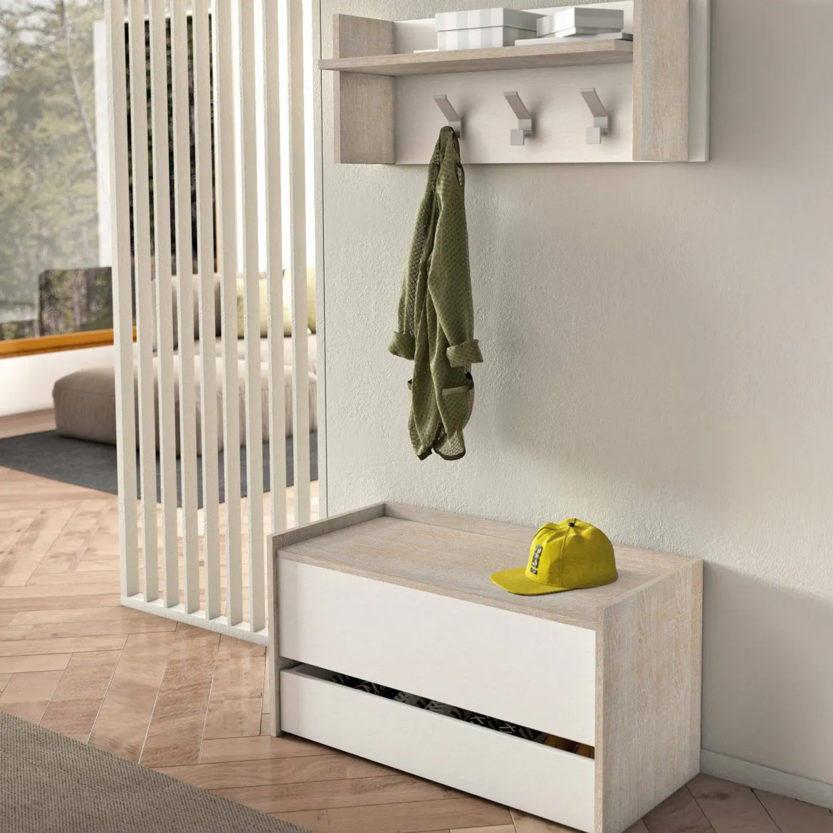 Mobile per ingresso sospeso con scarpiera beige e grigio 100x190h cm - Garolfo