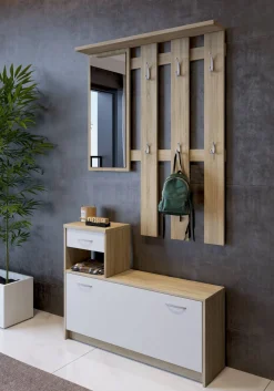 Mobile per ingresso sospeso con scarpiera bianco e rovere 100x190h cm - Garolfo