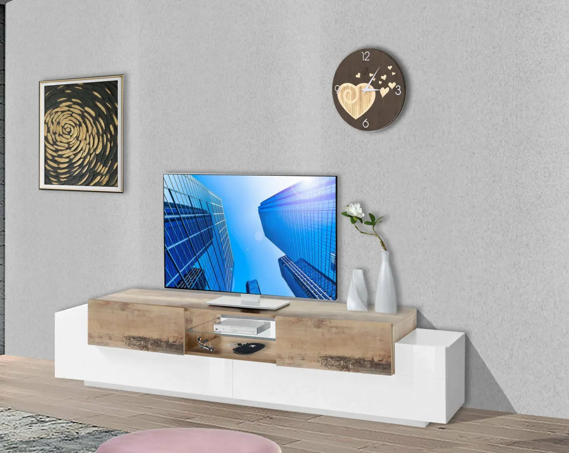 Mobile porta TV Amato, cm 220x45h51, Bianco lucido e Acero