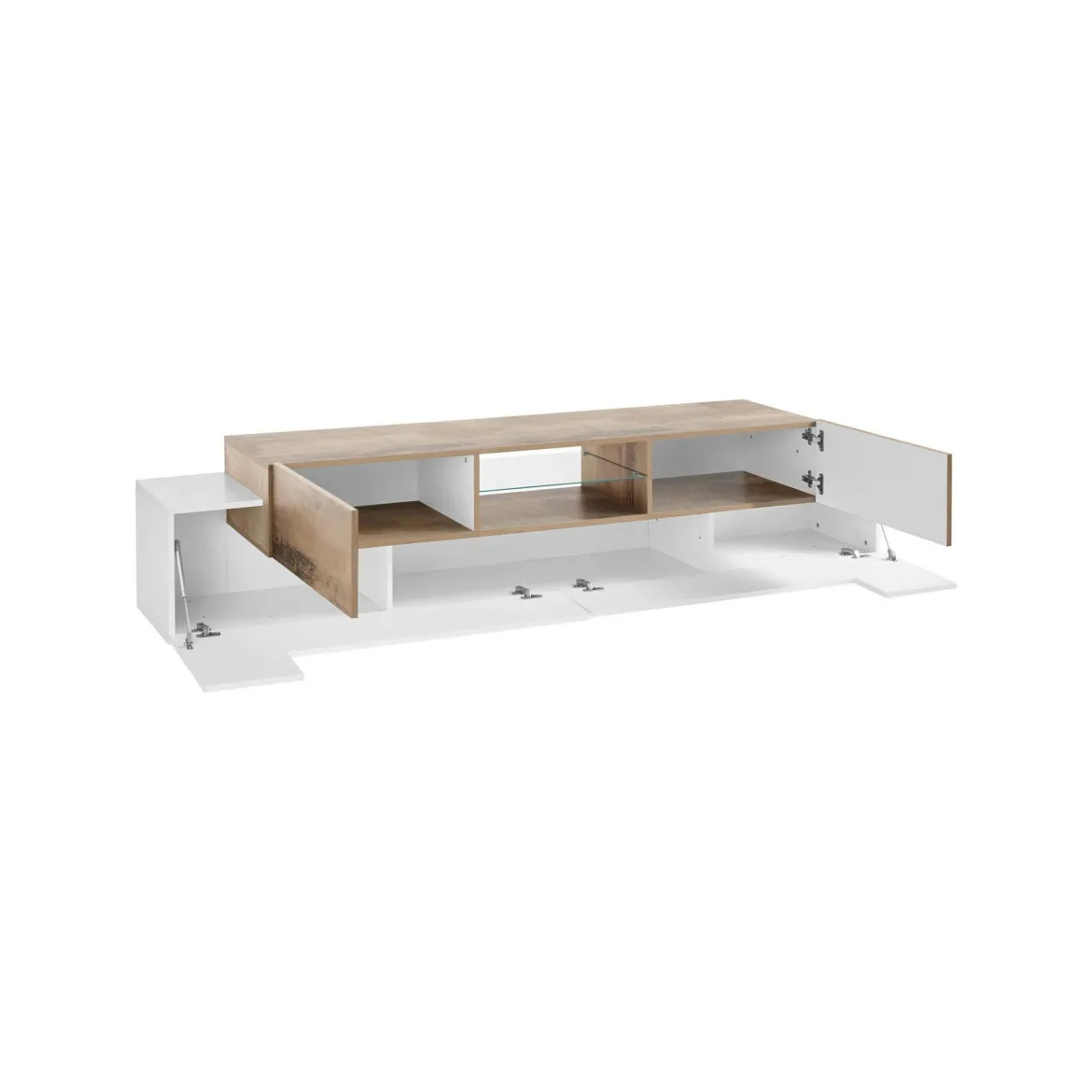 Mobile porta TV Amato, cm 220x45h51, Bianco lucido e Acero