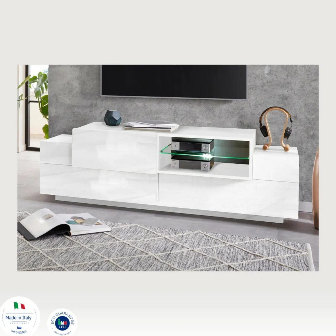 Mobile porta TV Andris, cm 160x45h51, Bianco lucido