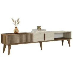 Mobile Porta tv Beige Marmo Marrone Noce 2 Ante Apertura a Ribalta 180x35x40h cm, 3 Vani - Sicoli