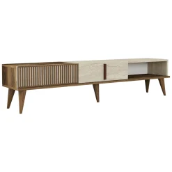 Mobile Porta tv Beige Marmo Marrone Noce 2 Ante Apertura a Ribalta 180x35x40h cm, 3 Vani - Sicoli