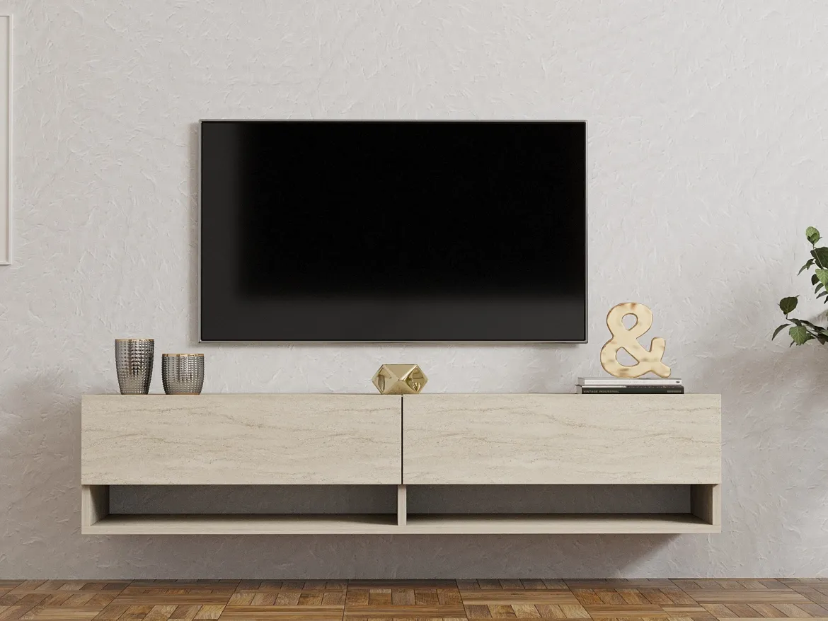 Mobile Porta tv Beige Marmo 2 Ripiani 2 Ante 141x30x31h cm, 4 Vani - Olmi