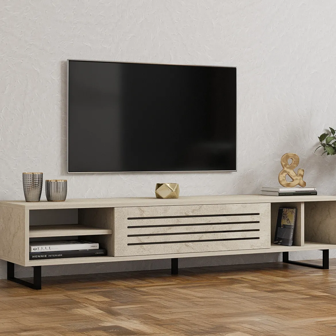 Mobile Porta tv Beige Marmo un Ripiano Un'anta 160x40x35h cm, 5 Vani - Sovico